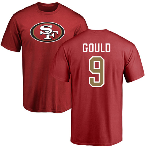 Men San Francisco 49ers Red Robbie Gould Name and Number Logo #9 NFL T Shirt->nfl t-shirts->Sports Accessory